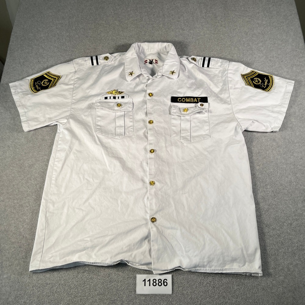 Regal Military Mens 3XL White Combat Short Sleeve Button Down Shirt Patches